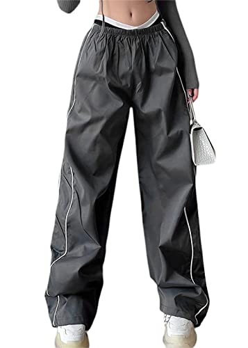 shownicer Track Pants Damen Teenager Baggy Cargohose Y2K Weites Bein Jogginghose Vintage Baggy Hosen für Frauen Elastische Taille Oversize Lose 90er E-Girl Streetwear Trackpants A Dunkelgrau XS von shownicer