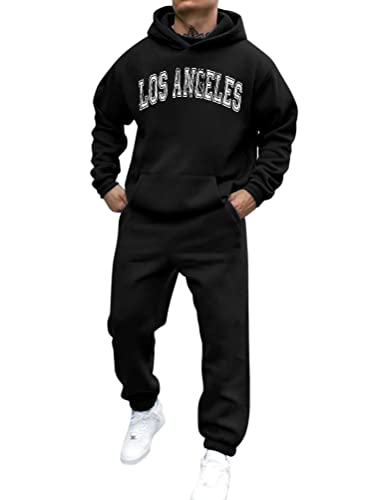 shownicer Trainingsanzug Herren Sportbekleidung Los Angeles Druck Hoodie Mit Kapuze Langarm Mit Taschen Hausanzug 2-Teilig Herbst Winter Kapuzenjacke Jogginghose Jogginganzug Set B Schwarz 3XL von shownicer