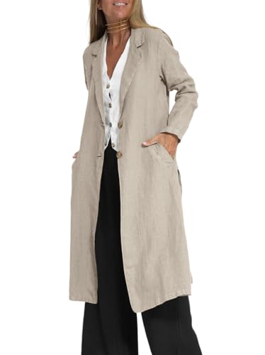 shownicer Trenchcoat Damen Elegant Lang Mantel Jacke aus Baumwolle Leinen Mode Revers Sommermantel Lässig Locker Solid Mantel mit Taschen A Aprikose XXL von shownicer