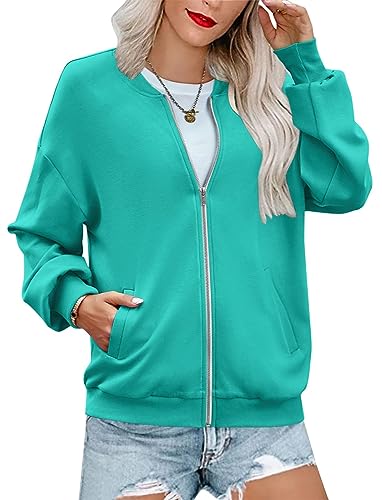 shownicer Zip Sweatshirt Damen übergroße Jacket Sweatshirt Einfarbige Loose Langarm Tops Oberteile mit Tasche Reißverschluss Herbst Frühling Jacke Stehkragen A Türkis XXL von shownicer