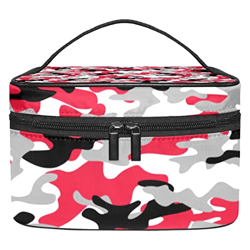 Große Make-up-Tasche, Reise-Kosmetiktasche, Make-up-Tasche, Organizer für Damen und Mädchen, tragbare Aufbewahrungsbürsten, Kulturbeutel, langlebig, wasserdicht, Camouflage-Muster, Rot / Schwarz von siawadeky