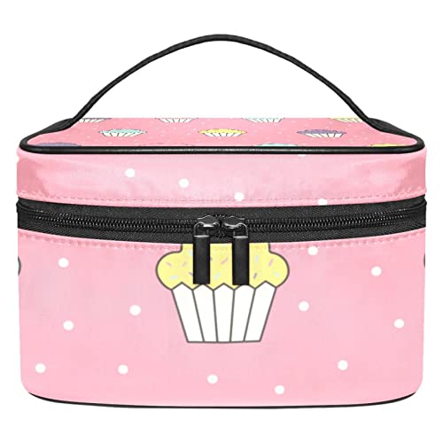 Große Make-up-Tasche, Reise-Kosmetiktasche, Make-up-Tasche, Organizer für Damen und Mädchen, tragbare Aufbewahrungsbürsten, Kulturbeutel, langlebig, wasserdicht, Cupcake-Muster, rosa Hintergrund, von siawadeky