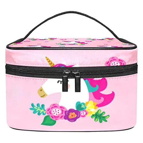 Große Make-up-Tasche, Reise-Kosmetiktasche, Make-up-Tasche, Organizer für Damen und Mädchen, tragbare Aufbewahrungsbürsten, Kulturbeutel, langlebig, wasserdicht, Einhorn-Muster mit Blumen, Rosa von siawadeky