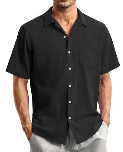 siliteelon Herren Hemd Kurzarm Schwarz Herren Hemden Sommer Leinenhemd Regular Fit Freizeithemd Casual Beach Shirt,2XL von siliteelon