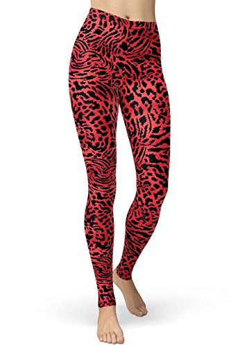 sissycos Damen Leopardenmuster Leggings Hohe Taille, Sanft Elastisch Jogginghose Strumpfhosen Lang(Blutroter Leopardenmuster,L) von sissycos