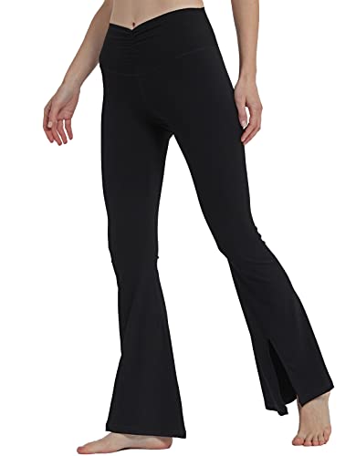 sissycos Damen Schlaghose Hohe Taille Ruched Slit Flared Legging 80CM, Blickdicht Freizeit Yogahose Lang Für Laufen Fitness Sport Gym(Schwarz,XXL) von sissycos