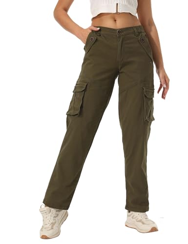 siyecaoo Cargohose Damen Y2K Hosen Elastische Taille Multi Taschen Leichte Hose mit weitem Bein Baumwolle Wanderhose Jogginghose Freizeithose Army Green 14-Tag 44 von siyecaoo