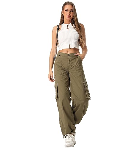 siyecaoo Hosen Damen Y2K Cargohose Leichte High Waist Hose mit weitem Bein Multi Taschen Baumwolle Wanderhose Jogginghose Freizeithose Army Green 10-Tag 40 von siyecaoo