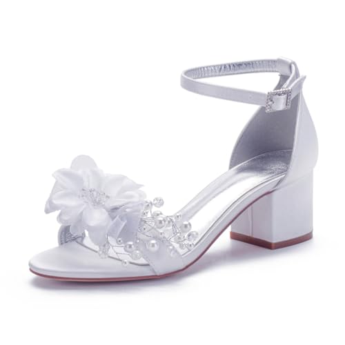 Damen Knöchelriemen Kleid Pumps Mit Schnalle Offene Zehen Satin Brautschuhe Mit Blumen Stämmiger Ferse Hochzeit Partei Abschlussball Schuhe,Weiß,38 EU Damen Knöchelriemen Kleid Pumps Mit Schnalle Offene Zehen Satin Brautschuhe Mit Blumen Stämmiger Ferse Hochzeit Partei Abschlussball Schuhe,Weiß,38 EU von smlekwc