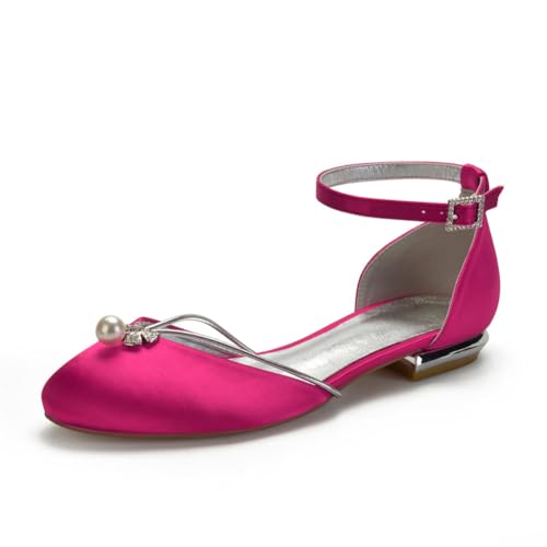 Damen Knöchelriemen Satin Brautschuhe Flache Absatz Hochzeit Kleid Schuhe Mit Perle Geschlossen Runde Zehen Abend Partei Abschlussball Sandalen,Fuchsia,41 EU Damen Knöchelriemen Satin Brautschuhe Flache Absatz Hochzeit Kleid Schuhe Mit Perle Geschlossen Runde Zehen Abend Partei Abschlussball Sandalen,Fuchsia,41 EU von smlekwc
