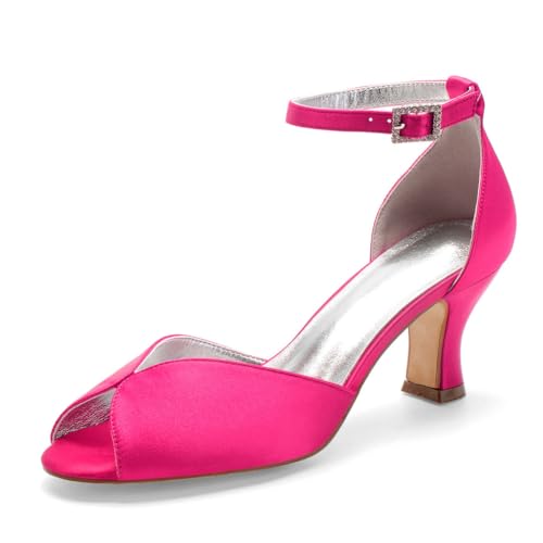 Damen Mittlerer Blockabsatz Satin Brautschuhe Peeptoe Hochzeit Kleid Sandalen Knöchelriemen Abendpartei Abschlussball Schuhe Mit Schnalle,Fuchsia,42 EU Damen Mittlerer Blockabsatz Satin Brautschuhe Peeptoe Hochzeit Kleid Sandalen Knöchelriemen Abendpartei Abschlussball Schuhe Mit Schnalle,Fuchsia,42 EU von smlekwc