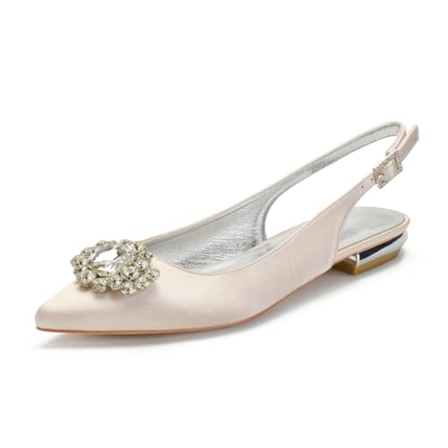 Damen Spitz Zehen Slingback-Satin Brautschuhe Flache Absatz Ballerinschuhe Mit Strass Slip-Auf Hochzeitsfeier Abschlussball Sandalen Mit Schnalle,Champagne,38 EU Damen Spitz Zehen Slingback-Satin Brautschuhe Flache Absatz Ballerinschuhe Mit Strass Slip-Auf Hochzeitsfeier Abschlussball Sandalen Mit Schnalle,Champagne,38 EU von smlekwc