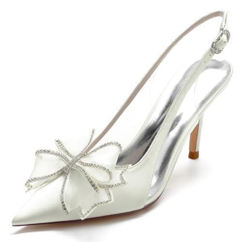 smlekwc Damen Satin Stiletto Heel Hochzeit Schuhe für Braut Slingback Buckle Pumps mit Strass Bow Elegant Court Dress Schuhe,Elfenbein,40 EU von smlekwc