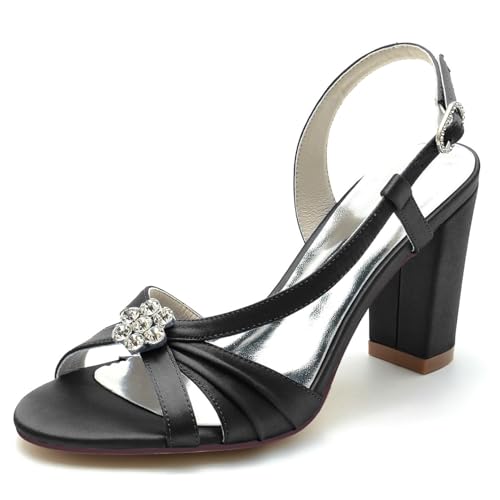 smlekwc Frauen Hoher Klobig Absatz Für Braut Knöchelgurt Hochzeitskleid Schuhe Offen Zehen Slingback Komfortable Pumpsandalen,Schwarz,42 EU von smlekwc