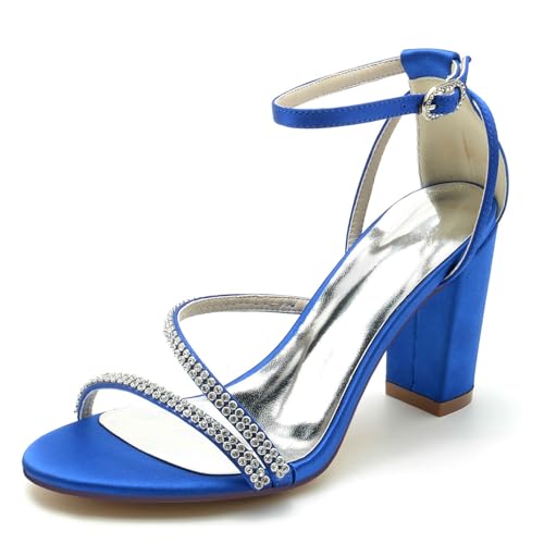 smlekwc Frauen Offene Zehe Hoch Absatz Sommer Sandalen Für Braut Strass Knöchelriemen Hochzeitsschuhe Elegante Slingback Kleid Sandalen,Blau,43 EU von smlekwc