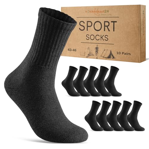 10 Paar Sportsocken Herren Tennissocken Baumwolle Atmungsaktive Crew Socken 70205T (Schwarz 47-50) von sockenkauf24