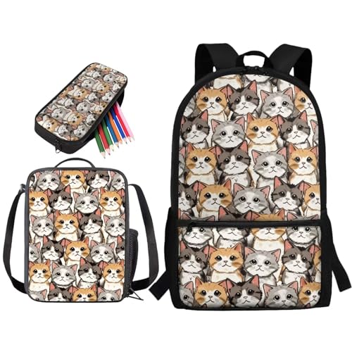 soldwellsd 43,2 cm Rucksack-Set für Kinder, Schulranzen und Lunchtaschen-Set für Vorschule, Grundschule, großes leichtes Büchertaschen-Set mit Federmäppchen für Jungen, Cartoon-Katze, mehrfarbig soldwellsd 43,2 cm Rucksack-Set für Kinder, Schulranzen und Lunchtaschen-Set für Vorschule, Grundschule, großes leichtes Büchertaschen-Set mit Federmäppchen für Jungen, Cartoon-Katze, mehrfarbig von soldwellsd