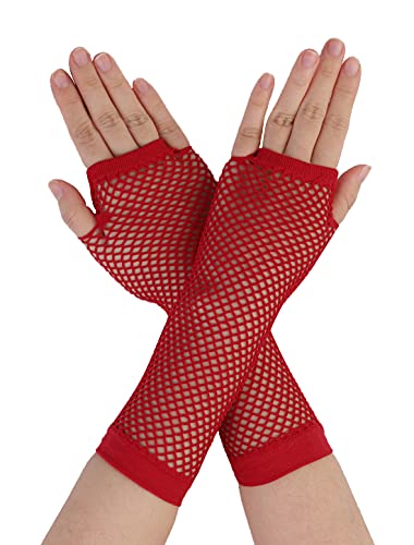 sourcing map Damen Fingerlose Netzhandschuhe farbig für 80er Jahre Kostüm Partybedarf Kostümzubehör rot Long-1Pair von uxcell