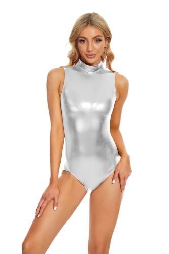 Speerise Damen Erwachsener Shiny metallic EIN stück Turtleneck Tanz Leotard Bodysuit kostüm klein Silber von speerise