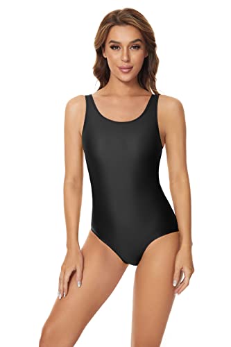 speerise Frauen Neon Plus Size Bauchweg Badeanzug Bodysuit, Einteiler ärmellos Trikot für Schwimmen Gymnastik Tanz Ballett, Schwarz, XXL von speerise