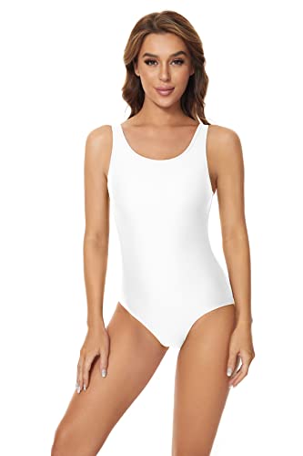 speerise Frauen Neon Plus Size Bauchweg Badeanzug Bodysuit, Einteiler ärmellos Trikot für Schwimmen Gymnastik Tanz Ballett, Weiss/opulenter Garten, XL von speerise