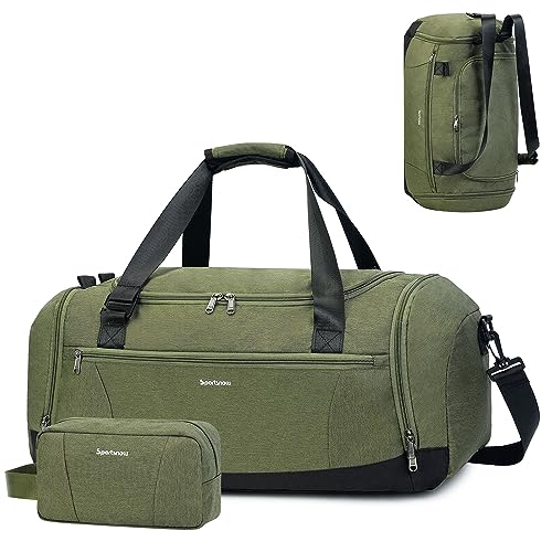 Sporttasche Rucksack Herren Reisetasche mit Schuhfach & Nassfach und Kulturbeutel Weekender-Tasche Damen Trainingstasche mit Trolley-Ärmel, Armeegrün von sportsnew