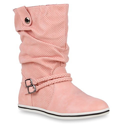 Bequeme Damen Stiefel Schlupfstiefel Lochungen Flache Boots Leder-Optik Metallic Schuhe 49213 Rosa 37 Flandell von stiefelparadies