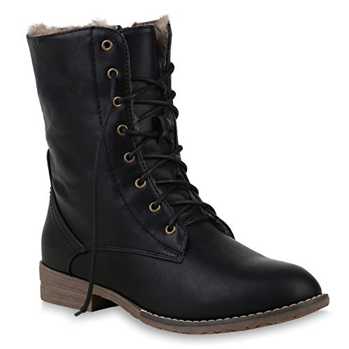 Damen Stiefeletten Worker Boots Leder-Optik Schnürstiefeletten Camouflage Verlours Schuhe 109655 Schwarz Agueda Autol 41 Flandell von stiefelparadies