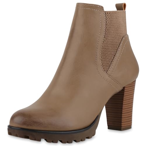 Gefütterte Chelsea Boots Damen Block Absatz Stiefeletten 153135 Khaki Bernice 37 Flandell von stiefelparadies