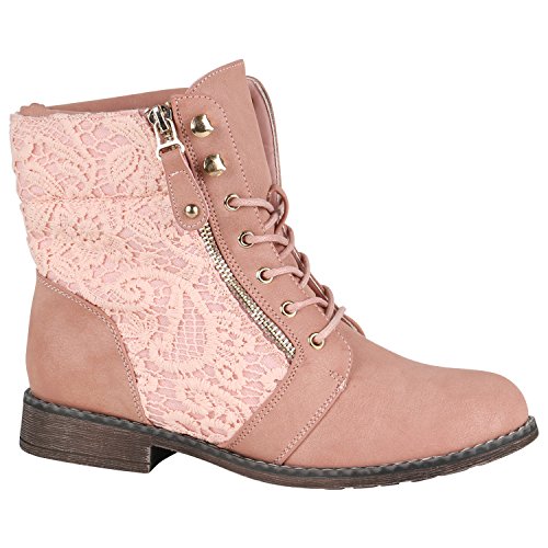 Gefütterte Damen Stiefeletten Worker Boots Zipper Schnürstiefel Schuhe 148838 Rosa Spitze 37 EU Flandell von stiefelparadies