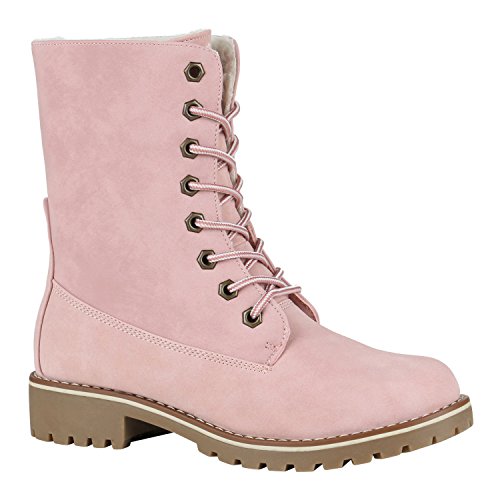 Gefütterte Damen Worker Boots Outdoor Stiefeletten Schuhe 148880 Rosa Schnürung 36 Flandell von stiefelparadies