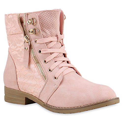 Stiefelparadies Damen Stiefeletten Schnürstiefeletten Leder-Optik Schuhe Spitzenstoff Boots Zipper Schnürboots 130896 Rosa Spitze 42 Flandell von stiefelparadies