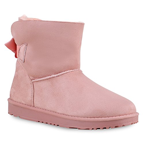 Warm Gefütterte Boots Damen Stiefeletten Schleifen Bommel Kunstfell Schlupfstiefel Schlupfstiefeletten Schuhe 129637 Rosa Schleife 37 Flandell von stiefelparadies