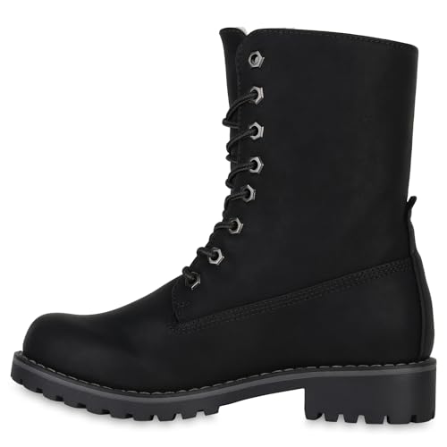 Warm Gefütterte Damen Stiefeletten Worker Boots Kunstfell Schuhe 125211 Schwarz Glatt 39 Flandell von stiefelparadies