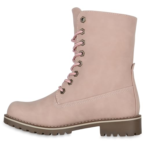 Warm Gefütterte Damen Stiefeletten Worker Boots Kunstfell Schuhe 145330 Rosa Glatt 39 Flandell von stiefelparadies