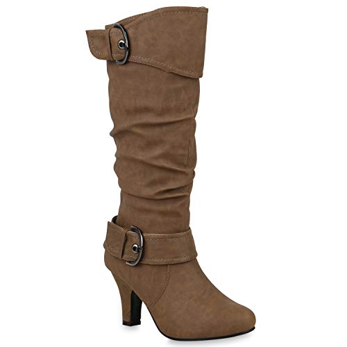 Warm Gefütterte Stiefel Damen Winter Boots Elegante Schnallen Trichterabsatz Wildleder-Optik Booties 42740 Khaki 40 Flandell von stiefelparadies