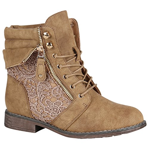 stiefelparadies Damen Stiefeletten Schnürstiefeletten Gefütterte Schuhe Spitze Zipper Boots Schnürboots 148832 Khaki Spitze Carlet 39 Flandell von stiefelparadies