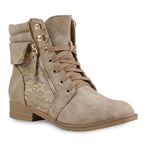 stiefelparadies Damen Stiefeletten Schnürstiefeletten Leder-Optik Schuhe Spitzenstoff Boots Zipper Schnürboots 130902 Khaki Spitze 37 Flandell von stiefelparadies