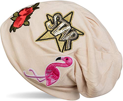 styleBREAKER Beanie Mütze mit Patches, Flamingo, Rosen, Star Stern Pailletten Patch, Slouch Longbeanie, Unisex 04024114, Farbe:Beige von styleBREAKER