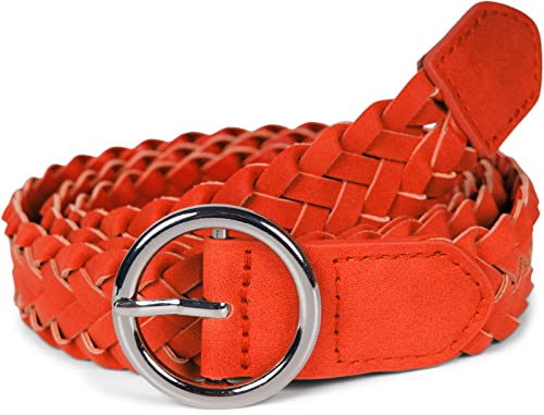 styleBREAKER Damen Flechtgürtel mit runder Schnalle, Kunstleder Einfarbig, Schmaler Hüftgürtel, One Size Gürtel 03010125, Farbe:Orange-Silber, Größe:110cm von styleBREAKER