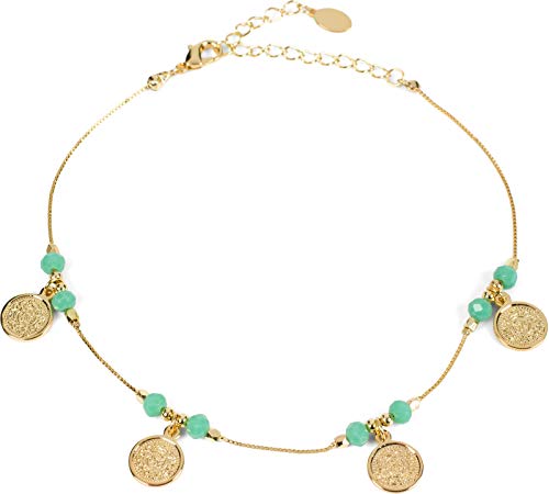 styleBREAKER Damen Fußkettchen mit Münz Anhängern und Perlen, Gliederkette, Karabiner Verschluss, Kette, Schmuck 05080013, Farbe:Gold-Türkis von styleBREAKER