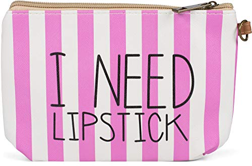 styleBREAKER Damen Gestreifte Statement Beautybag mit I Need Lipstick Aufdruck, Kosmetiktasche, Make Up Bag, Tasche 02013013, Farbe:Pink-Weiß von styleBREAKER
