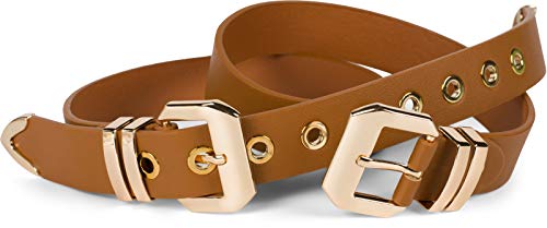 styleBREAKER Damen Gürtel mit doppelter goldener Schnalle und Lochnieten, B-Low Belt, Taillengürtel, kürzbar 03010121, Farbe:Cognac, Größe:90cm von styleBREAKER