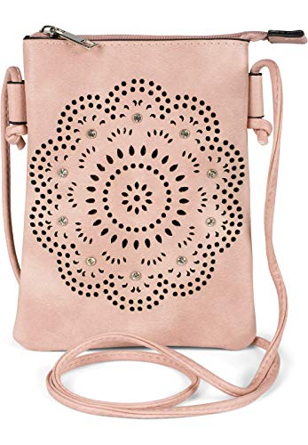 styleBREAKER Damen Mini Bag Umhängetasche mit Blumen Lasercut Cutout Muster und Strass, Schultertasche, Handtasche 02012367, Farbe:Altrosa von styleBREAKER