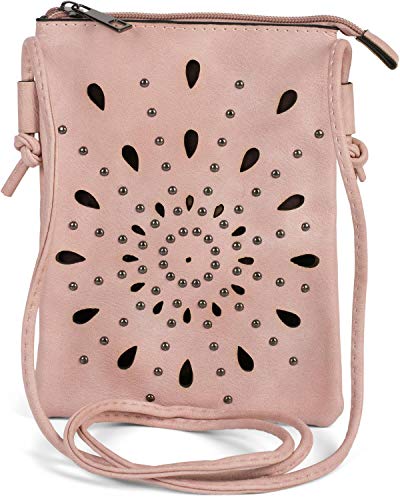 styleBREAKER Damen Mini Bag Umhängetasche mit Cutouts in Ethno Blumen Form und Nieten, Schultertasche, Handtasche, Tasche 02012304, Farbe:Rose von styleBREAKER