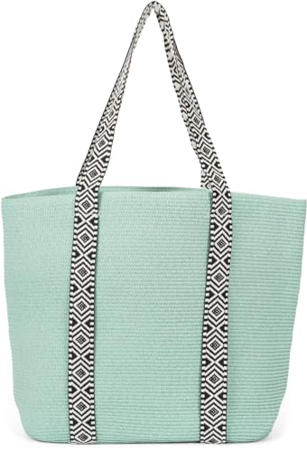 styleBREAKER Damen Papierstroh Strandtasche Einfarbig mit Azteken Muster, Flechttasche Reißverschluss, Schultertasche 02012409, Farbe:Türkis von styleBREAKER