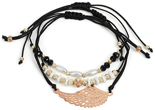 styleBREAKER Damen Stoff Armband 3er Set mit Flügel und Perlen, Schmuck 05040161, Farbe:Schwarz/Gold von styleBREAKER