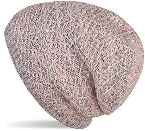 styleBREAKER Damen Strick Beanie Mütze mit Pailletten und Thermo-Fleece Futter, Winter Slouch Beanie 04024168, Farbe:Rose-Grau von styleBREAKER