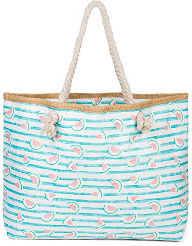 styleBREAKER Damen XXL Strandtasche mit Streifen und Melone Früchte Print, Reißverschluss, Schultertasche, Shopper 02012287, Farbe:Türkis-Weiß von styleBREAKER