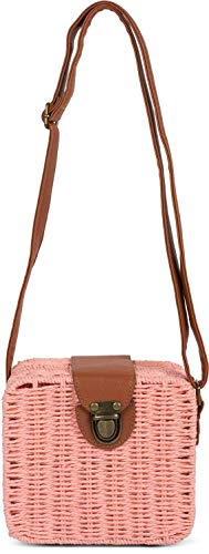 styleBREAKER Damen geflochtene Umhängetasche im Bohemian Style, Rattan Optik, Schultertasche, Crossbody Bag, Korbtasche 02012295, Farbe:Rosa von styleBREAKER